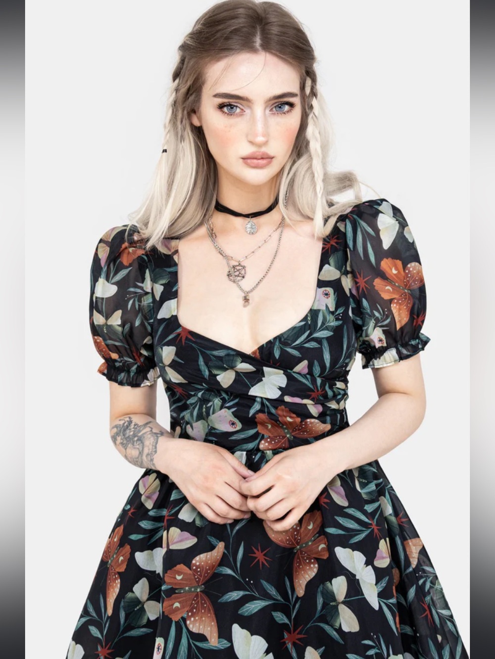 Disturbia Black Floral Puff-Sleeve Fit & Flare Dress 🖤🥀🦋